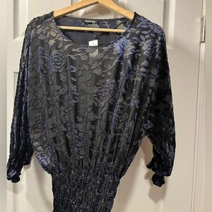 Express Sheer Black and Blue Leaf Pattern Top
